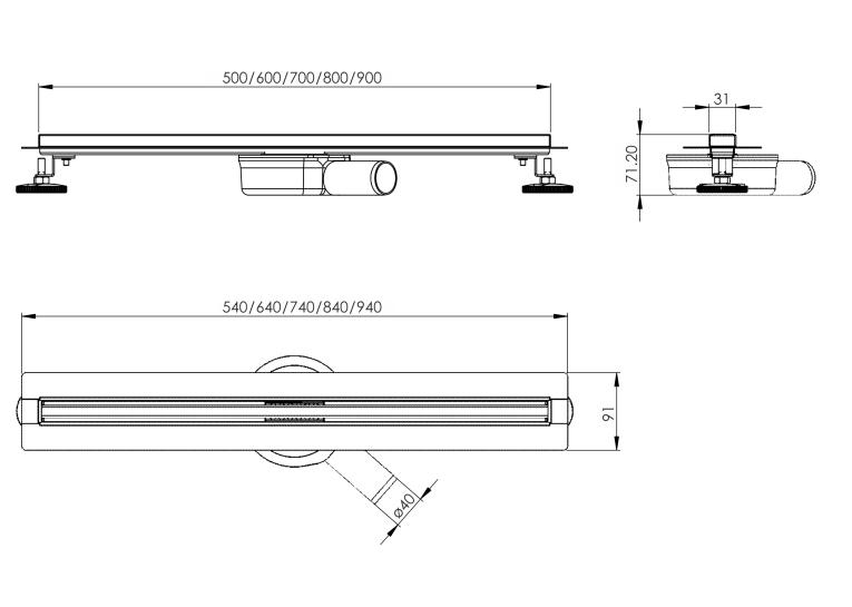 Лінійний трап Volle MASTER LINEA Flecha 500мм; комбінований затвор; поворотний сифон; патрубок Ø40/50; з тонкими ґратами; 9046.210704