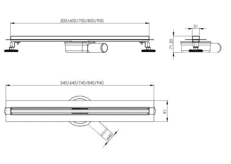 Линейный трап Volle MASTER LINEA Flecha 500мм; комбинированный затвор; поворотный сифон; патрубок Ø40/50; с тонкой решеткой; 9046.210704