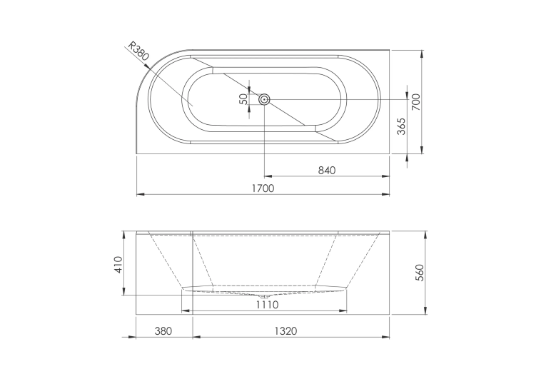 Ванная акриловая пристенная VOLLE AFRODITA 170*70*60 см, левая, 12-22-878L
