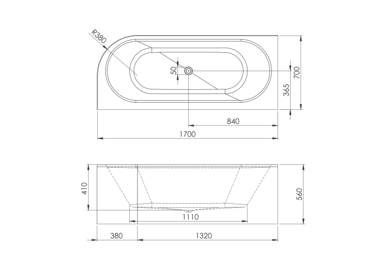 Ванная акриловая пристенная VOLLE AFRODITA 170*70*60 см, левая, 12-22-878L
