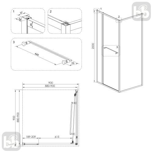 Душова кабіна Volle CRUZE,  90x90x200, без піддону, скло прозоре COME IN, 1047.124701