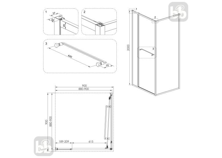 Душова кабіна Volle CRUZE,  90x90x200, без піддону, скло прозоре COME IN, 1047.124701
