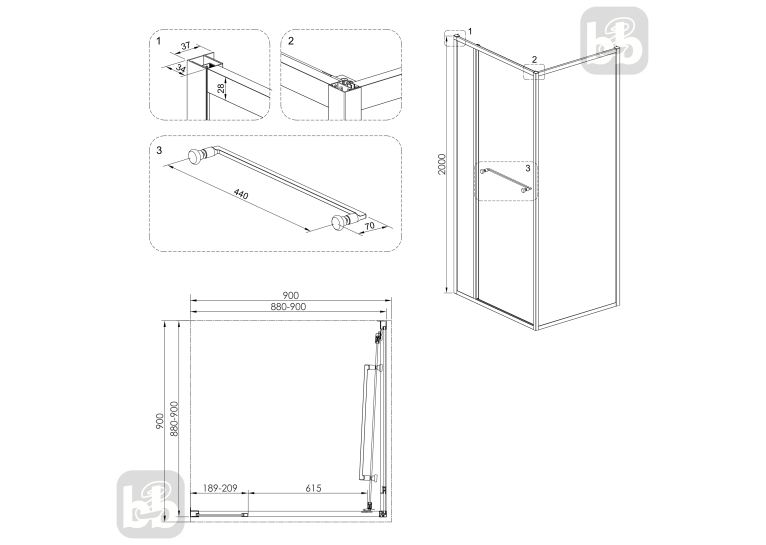 Душова кабіна Volle CRUZE,  90x90x200, без піддону, скло прозоре COME IN, 1047.124701