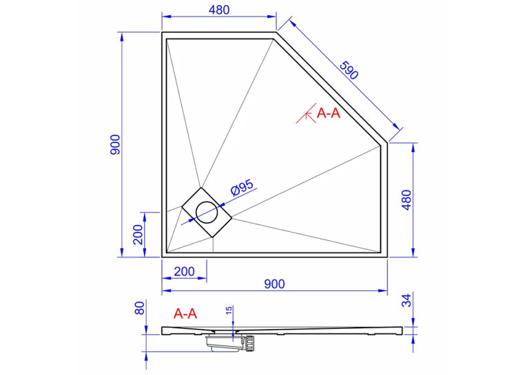 Душовий піддон п'ятикутний Weston WT5 90x90x3.4 білий WPD-P-90x90