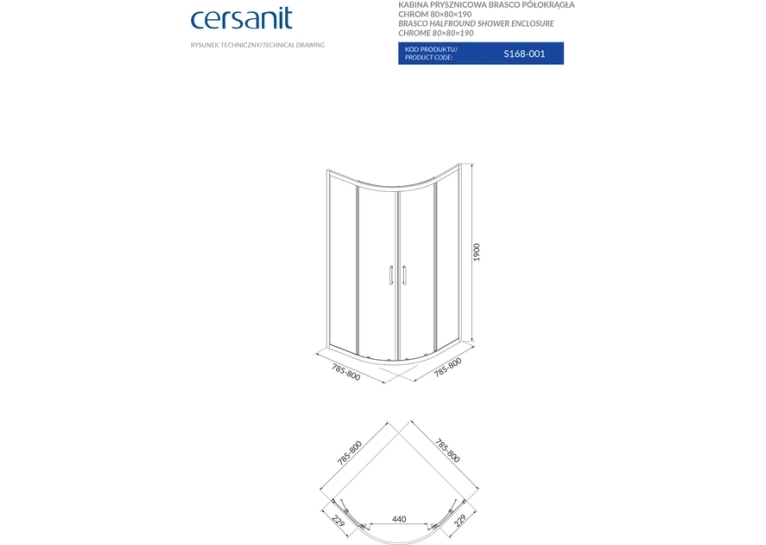Полукраглая душевая кабина Cersanit BRASCO 80x80x190 хром Поддон 80x80x16 + панель (S168-001+S204-003)