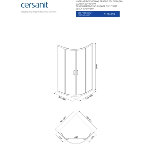 Полукраглая душевая кабина Cersanit BRASCO 80x80x190 черный + поддон 80x80x16 + панель (S168-003+S204-003)