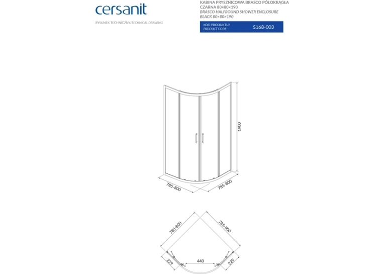 Полукраглая душевая кабина Cersanit BRASCO 80x80x190 черный + поддон 80x80x16 + панель (S168-003+S204-003)