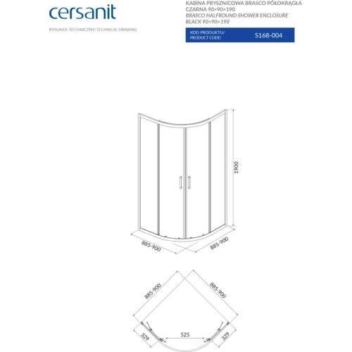 Полукраглая душевая кабина Cersanit BRASCO 90x90x190 черный + поддон 90x90x16 + панель (S168-003+S204-003)