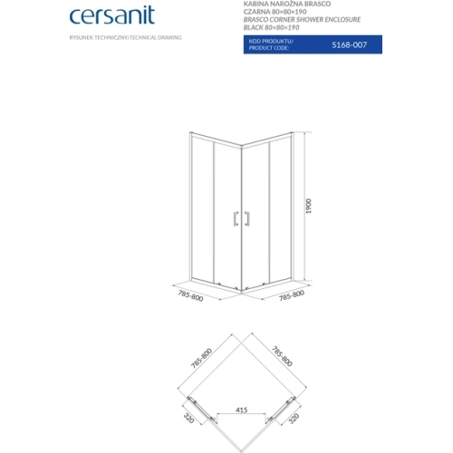 Квадратная душевая кабина Cersanit BRASCO 80x80x190 + Поддон 80x80x16 + панель (S168-007+S204-011)
