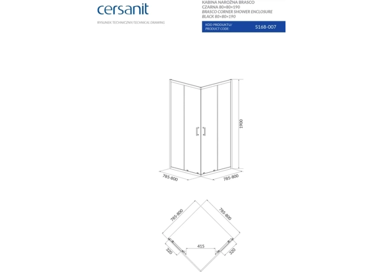 Квадратная душевая кабина Cersanit BRASCO 80x80x190 + Поддон 80x80x16 + панель (S168-007+S204-011)