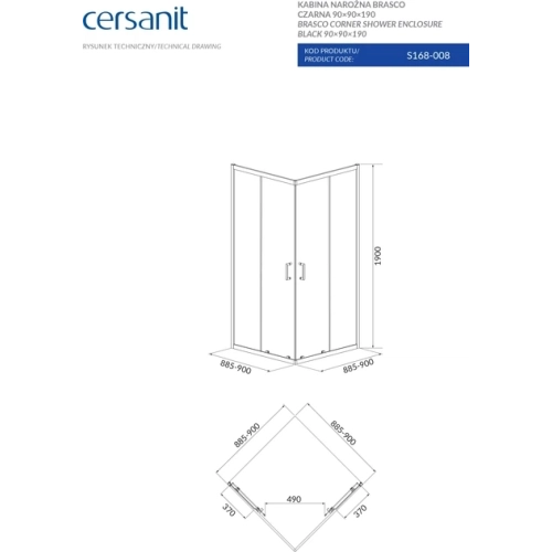 Квадратная душевая кабина Cersanit BRASCO 90x90x190 Поддон 90x90x16 + панель (S168-008+S204-012)