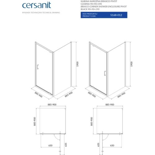 Квадратная душевая кабина Cersanit BRASCO 90х90х190 черный матовый с поворотными дверями, с поддоном и панелью (S168-012+S204-012)