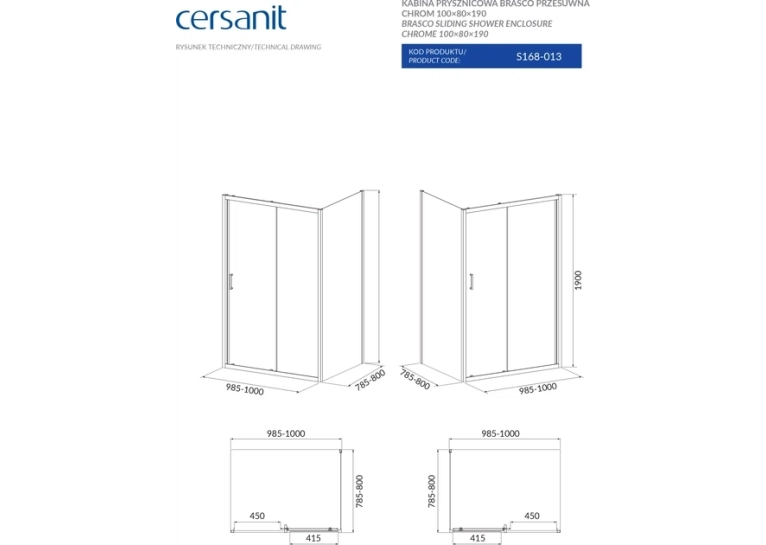Прямоугольная душевая кабина Cersanit BRASCO 100х80х190 хром с поддоном и панелью (S168-013+S204-027)
