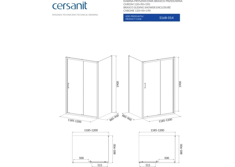Прямоугольная душевая кабина Cersanit BRASCO 120х90х190 хром с поддоном и панелью (S168-014+S204-028)